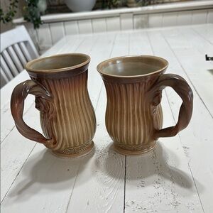 Logan artist signed Rustic Brown pottery Mugs 2 different shapes and handles